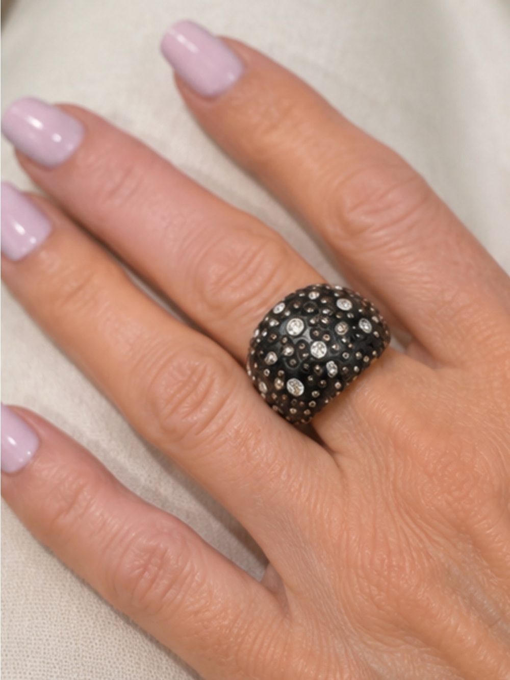 Black Dome Crystal Metal Ring | Gunmetal Silver Tone Sz 5